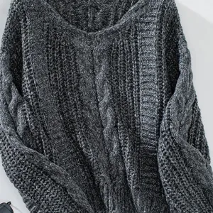 Kenna Cable Lantern Sleeve Twist Knit Sweater - Black