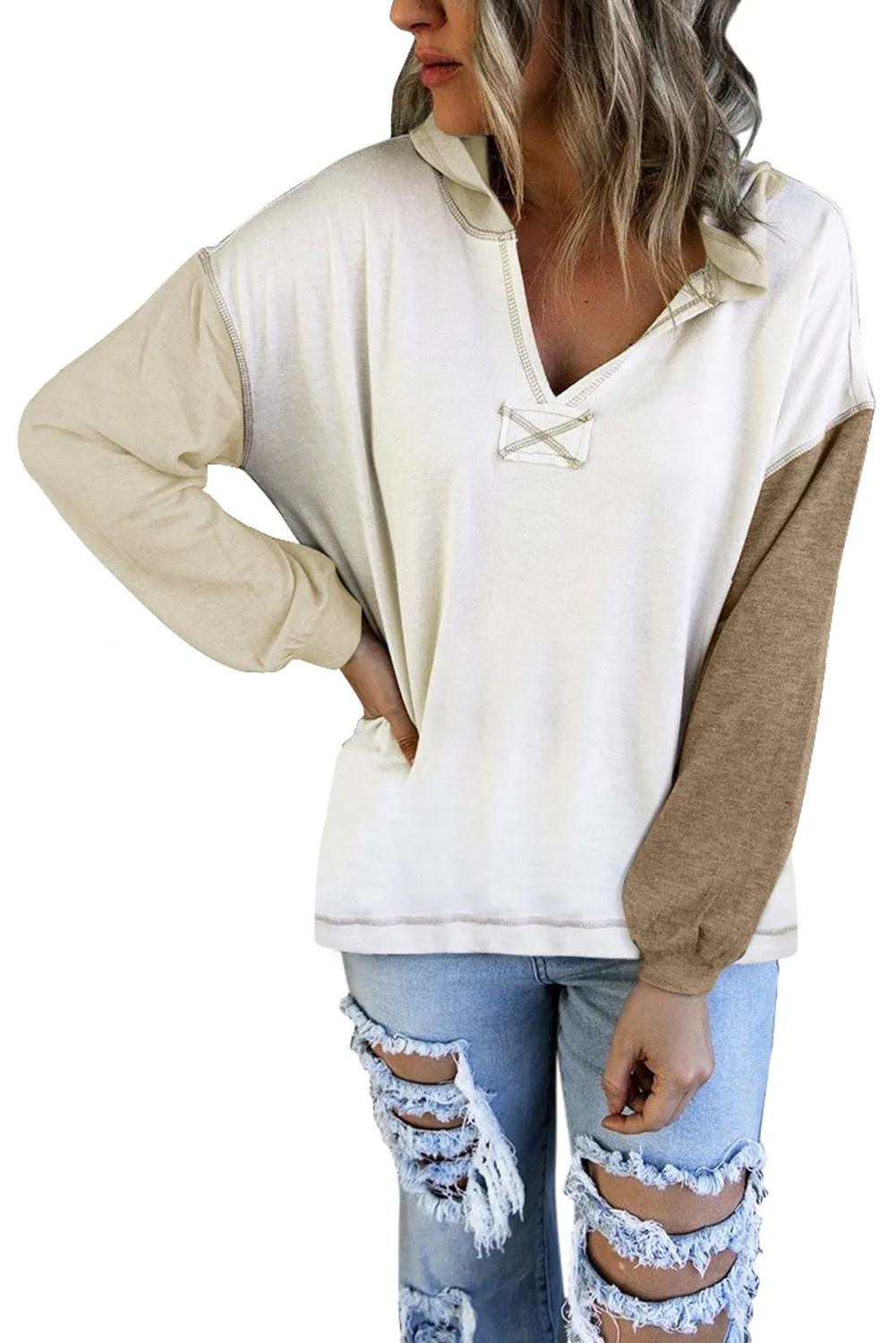 Khaki Colorblock V Neck Long Sleeve Hoodie