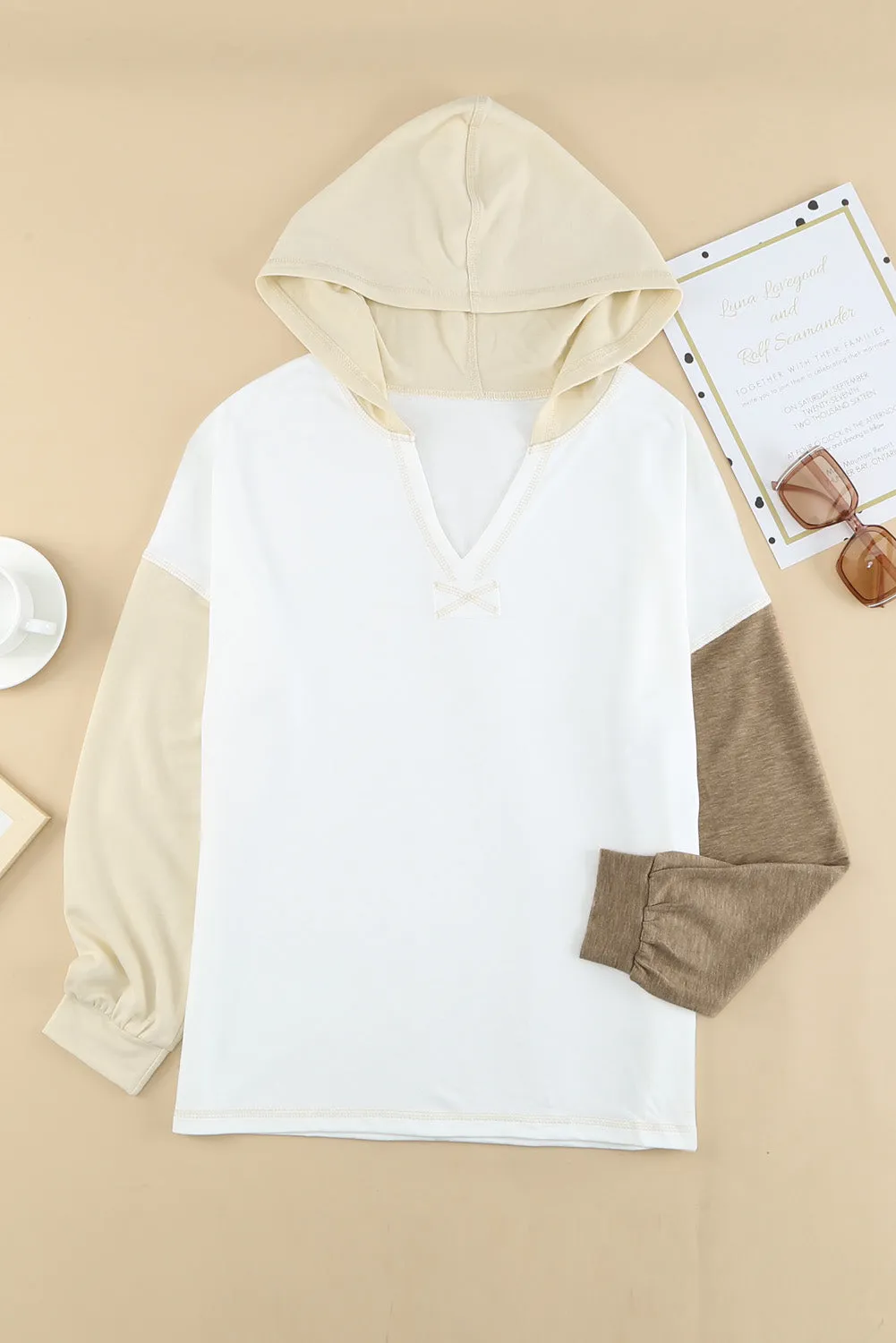 Khaki Colorblock V Neck Long Sleeve Hoodie