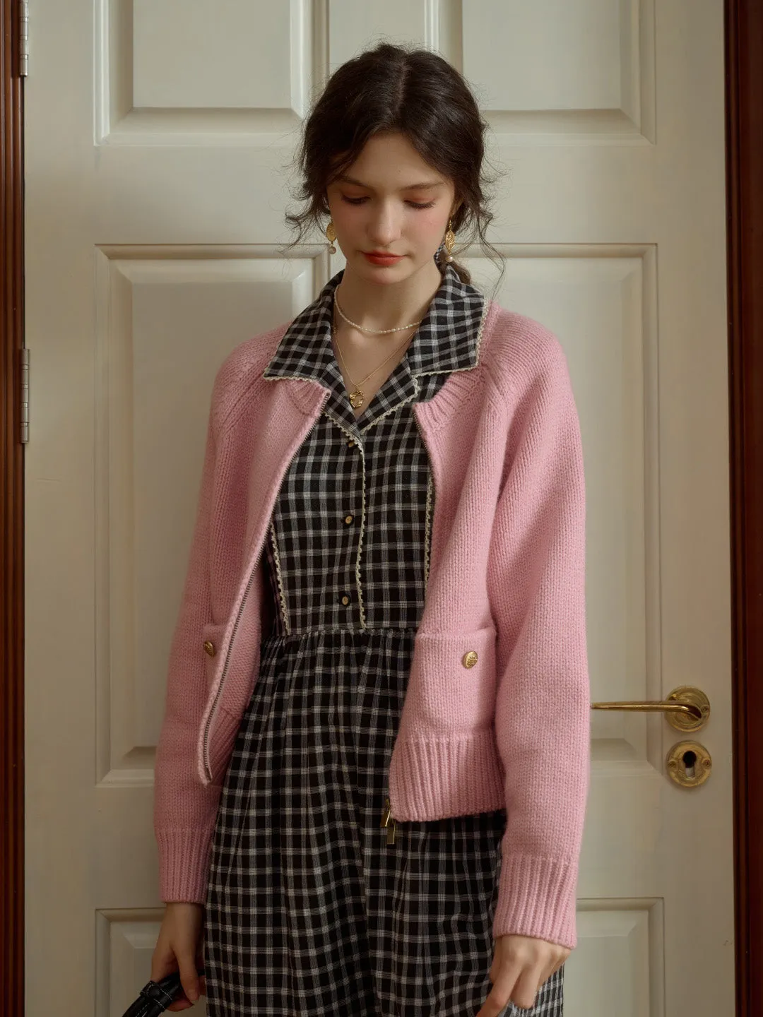 Khaleesi Classic Ribbed Crew Neck Pocket 100% Wool Cardigan-Pink