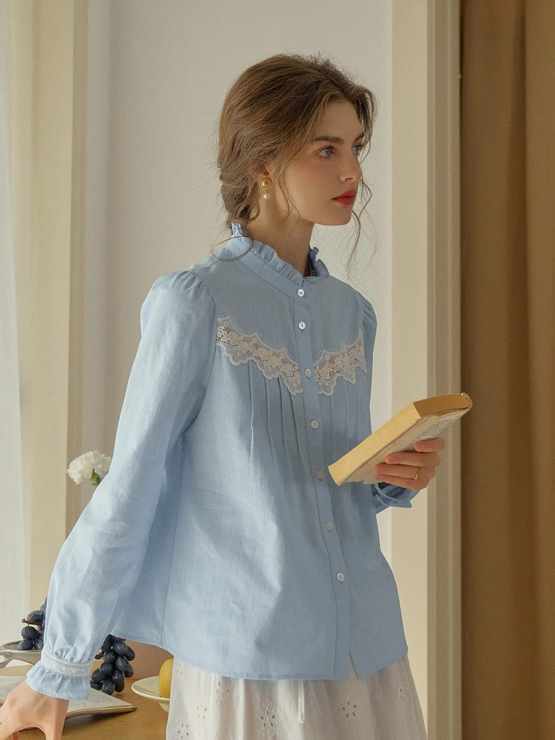 Kitty Wavy Stand Collar Lace Blouse - Pink