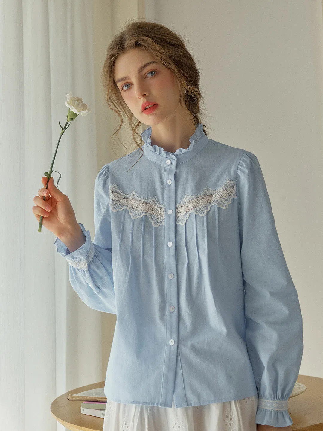 Kitty Wavy Stand Collar Lace Blouse - Pink