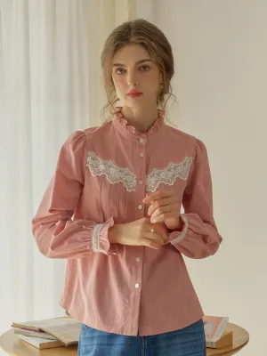 Kitty Wavy Stand Collar Lace Blouse - Pink
