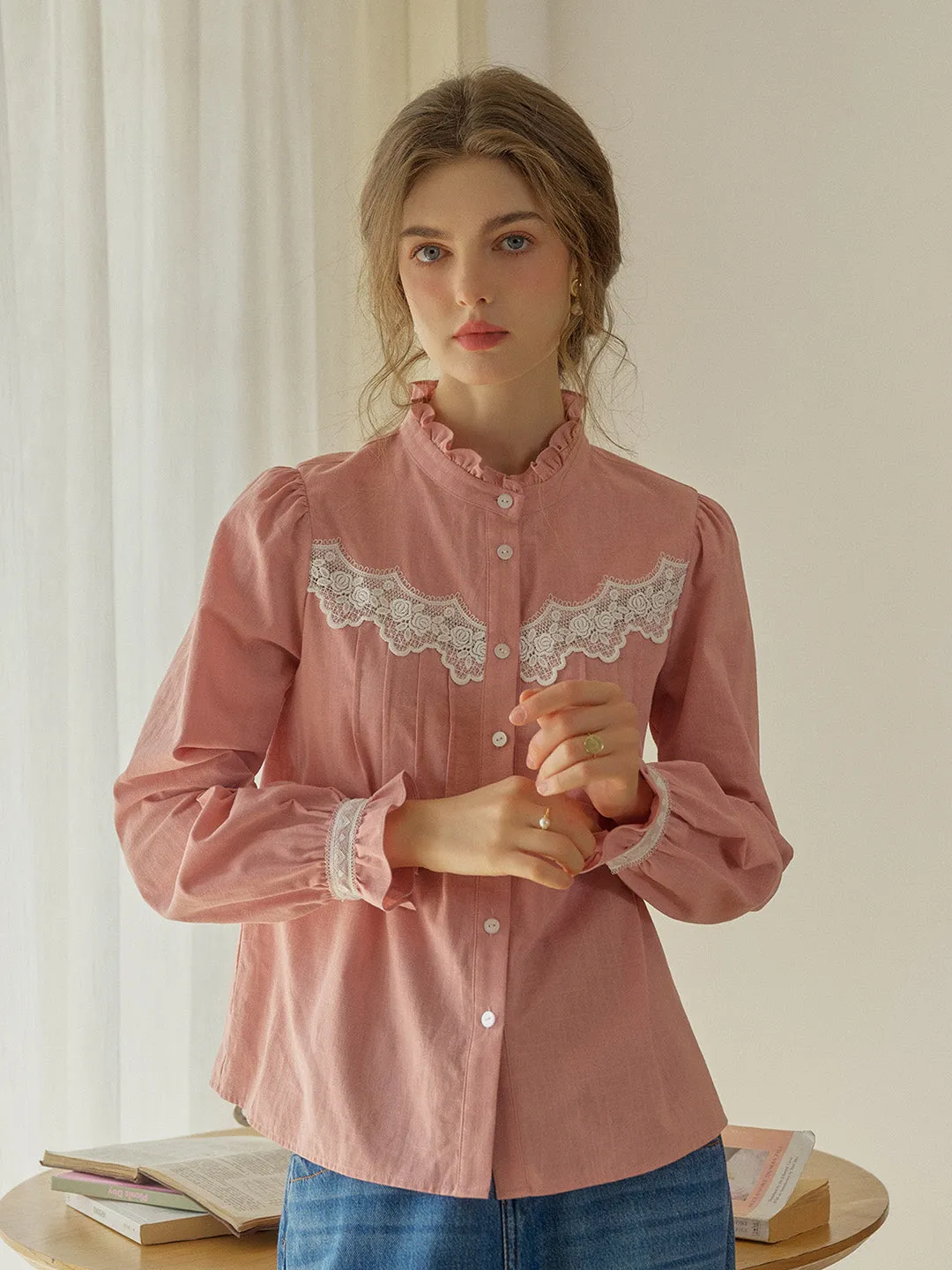 Kitty Wavy Stand Collar Lace Blouse - Pink
