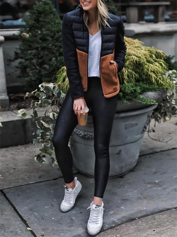 Ladies Contrast Color Fluffy Mandarin Collar Down Coat