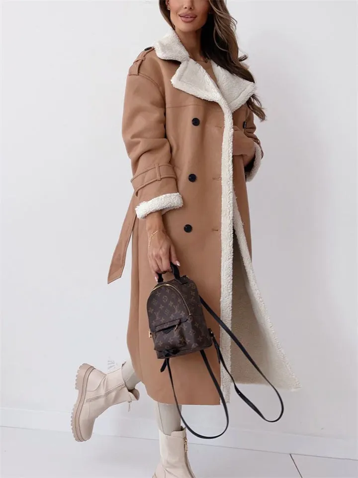 Ladies Elegant Lapel Plush Lining Mid-Length Coat with Waistband
