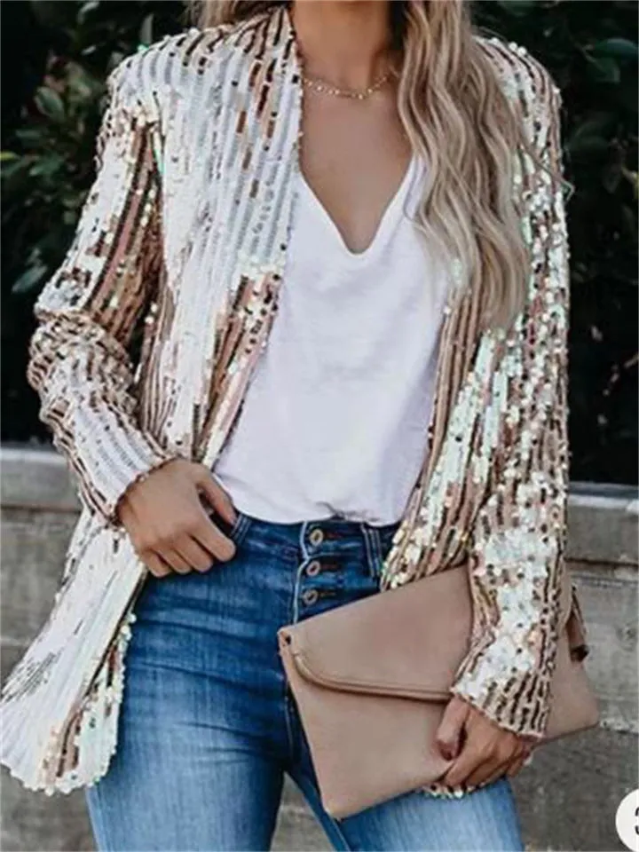 Ladies Vogue Casual Shiny Sequin Suit Blazer