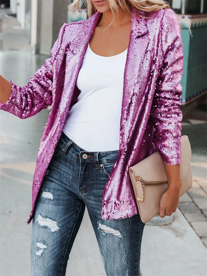 Ladies Vogue Casual Shiny Sequin Suit Blazer