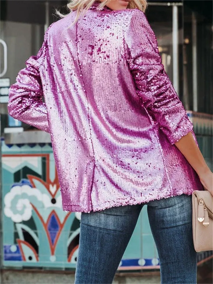 Ladies Vogue Casual Shiny Sequin Suit Blazer