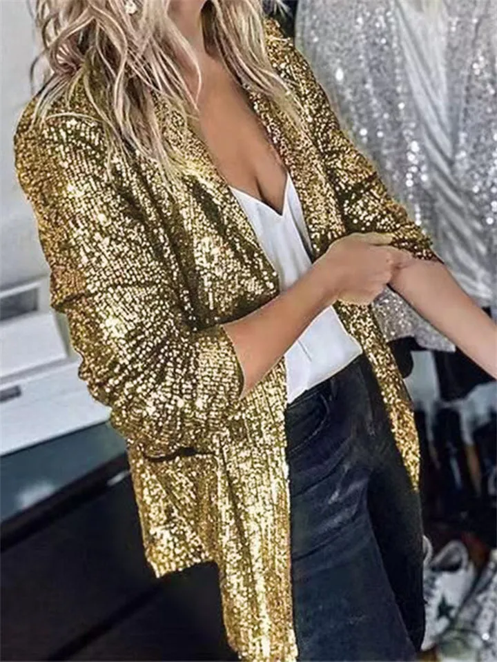 Ladies Vogue Casual Shiny Sequin Suit Blazer
