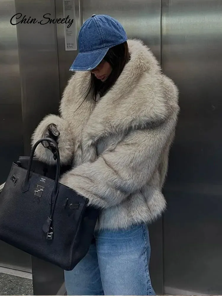 Lady Jacket Winter Fur High Pockets Faux Collar Gradient Overcoats Fashion Female Big  Street Fur Loose Luxury Women Best price Affordable Coat