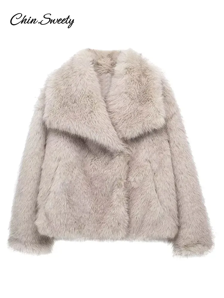 Lady Jacket Winter Fur High Pockets Faux Collar Gradient Overcoats Fashion Female Big  Street Fur Loose Luxury Women Best price Affordable Coat