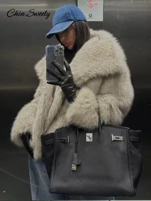 Lady Jacket Winter Fur High Pockets Faux Collar Gradient Overcoats Fashion Female Big  Street Fur Loose Luxury Women Best price Affordable Coat