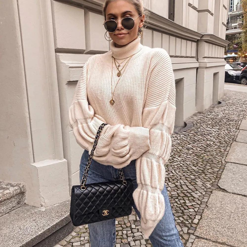 Lantern Sleeve High-collared Knit Sweaters