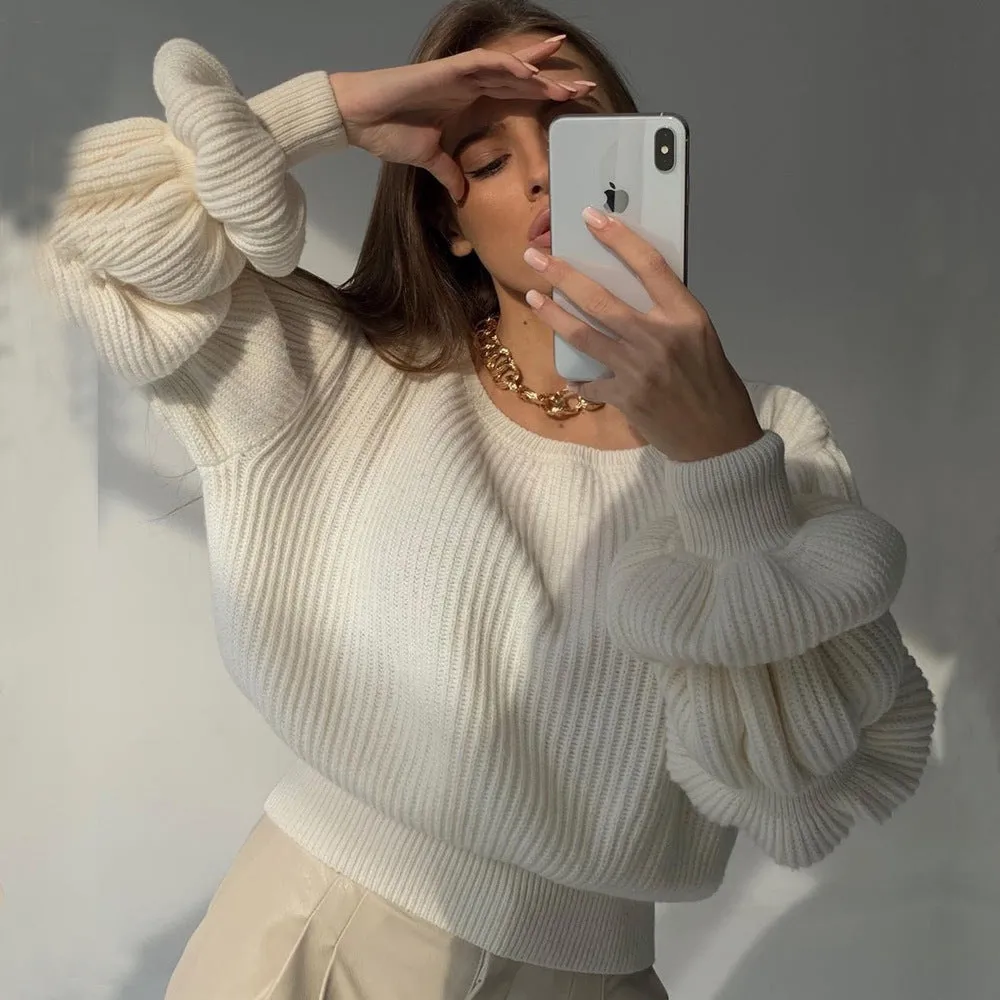 Lantern Sleeve High-collared Knit Sweaters