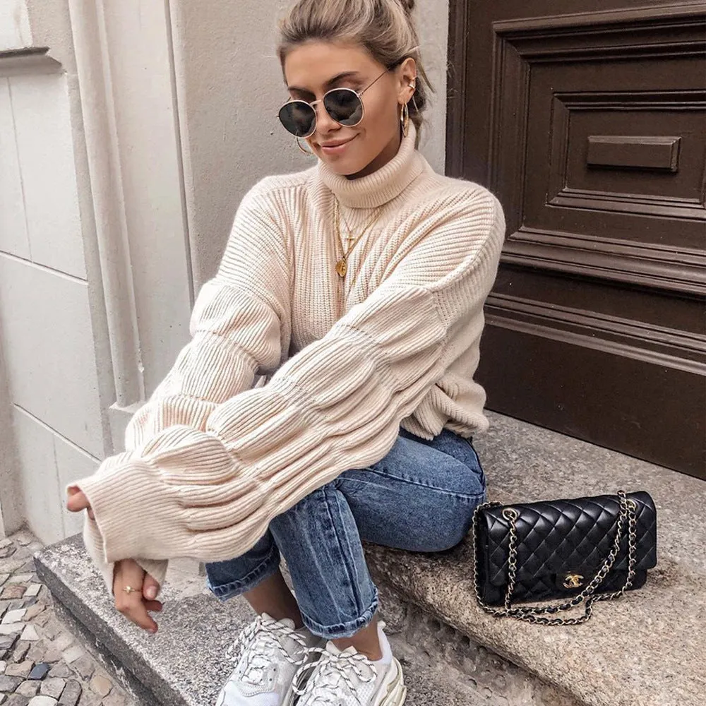 Lantern Sleeve High-collared Knit Sweaters