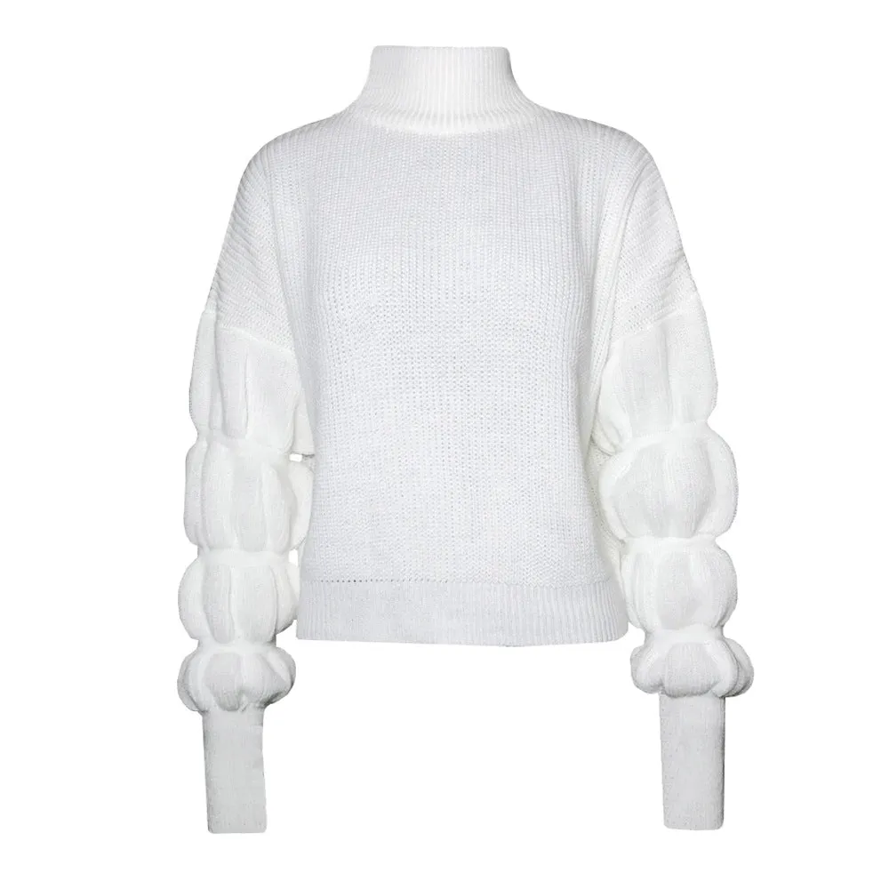 Lantern Sleeve High-collared Knit Sweaters