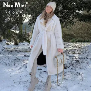 Lapel Plus Winter Early-bird special Oversized Coat Luxury Faux Customizable Plush Outerwear Fur Belted Overcoats Jacket Size Long Female Fur Rabbit Coats Women