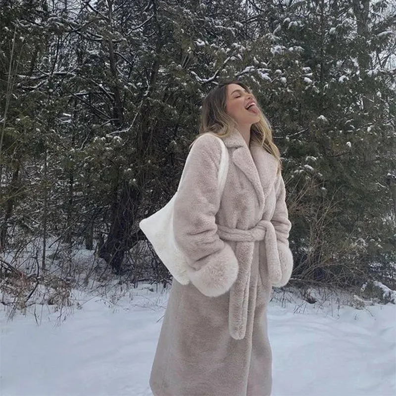 Lapel Plus Winter Early-bird special Oversized Coat Luxury Faux Customizable Plush Outerwear Fur Belted Overcoats Jacket Size Long Female Fur Rabbit Coats Women