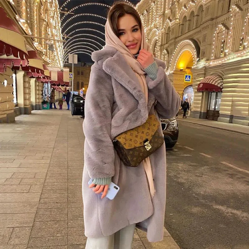 Lapel Plus Winter Early-bird special Oversized Coat Luxury Faux Customizable Plush Outerwear Fur Belted Overcoats Jacket Size Long Female Fur Rabbit Coats Women