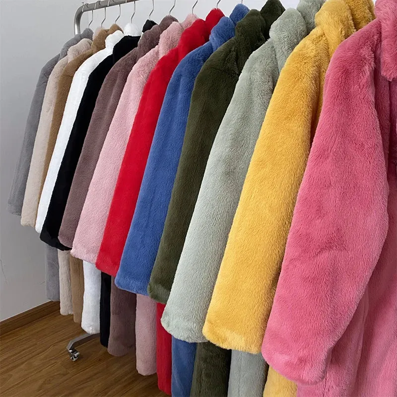 Lapel Plus Winter Early-bird special Oversized Coat Luxury Faux Customizable Plush Outerwear Fur Belted Overcoats Jacket Size Long Female Fur Rabbit Coats Women