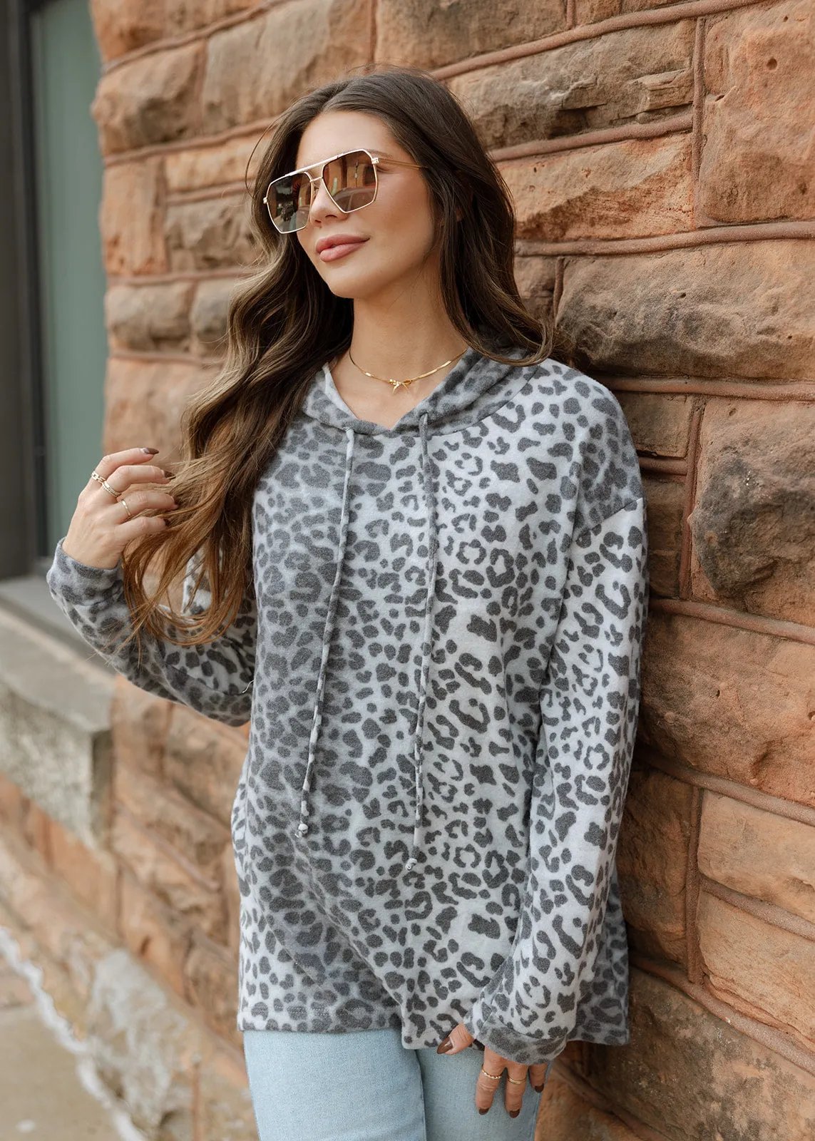 Leopard Fleece Hoodie Top - Grey