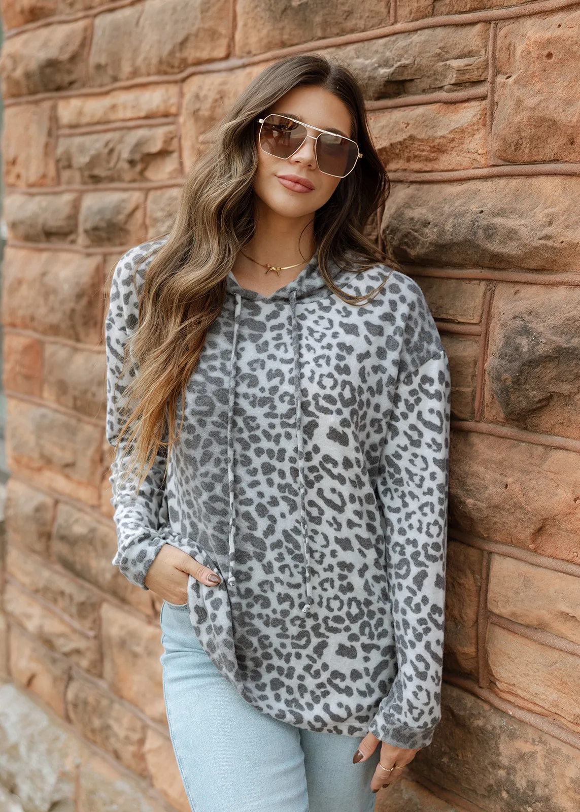 Leopard Fleece Hoodie Top - Grey