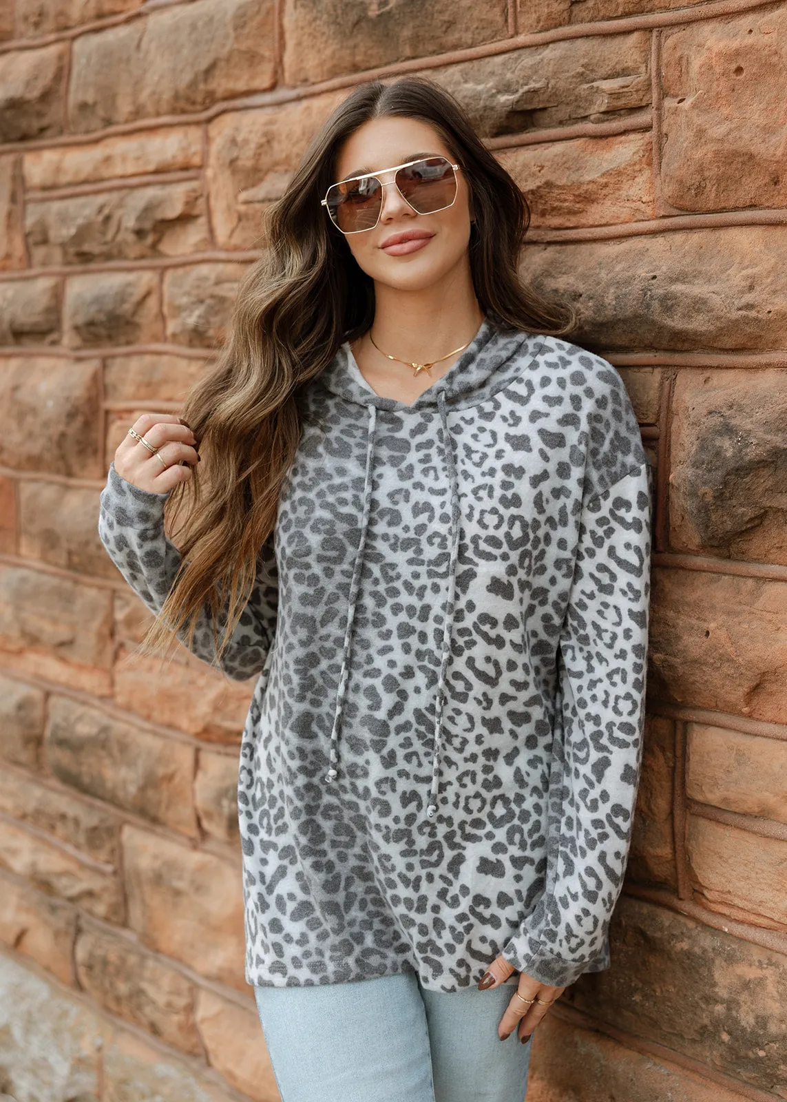 Leopard Fleece Hoodie Top - Grey
