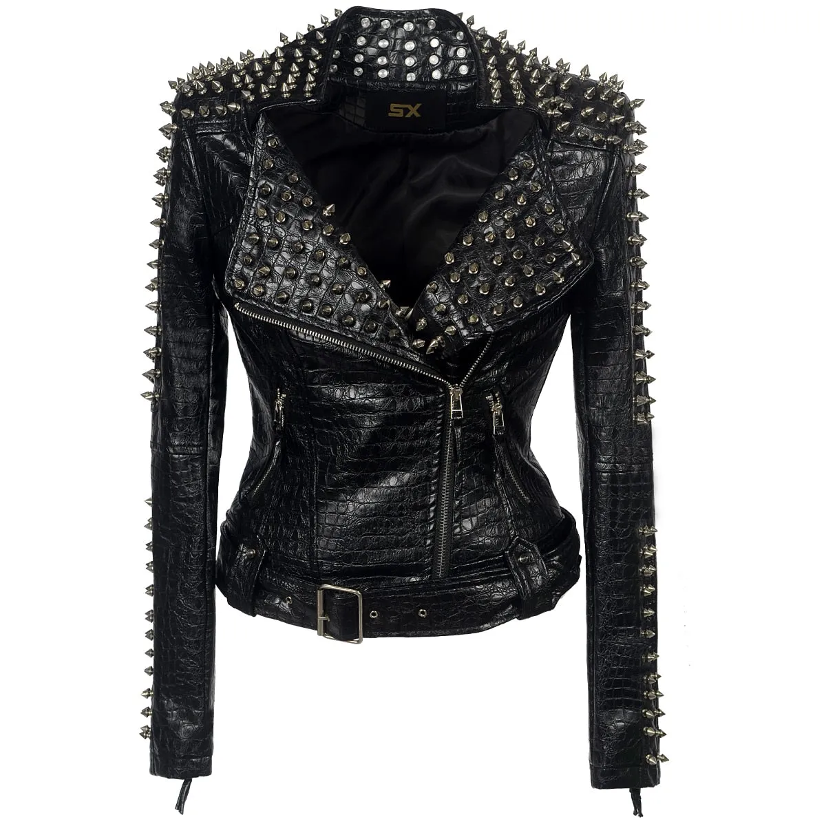 Leopard Print Zipper Studs Coat Lapel Collar Moto Belt Faux Leather Windbreak