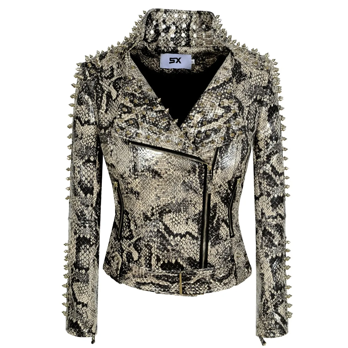 Leopard Print Zipper Studs Coat Lapel Collar Moto Belt Faux Leather Windbreak