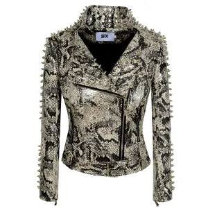 Leopard Print Zipper Studs Coat Lapel Collar Moto Belt Faux Leather Windbreak