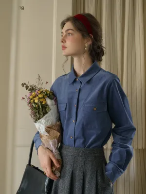 Lisa Classic Notched Collar Pocket Corduroy Shirt - Blue
