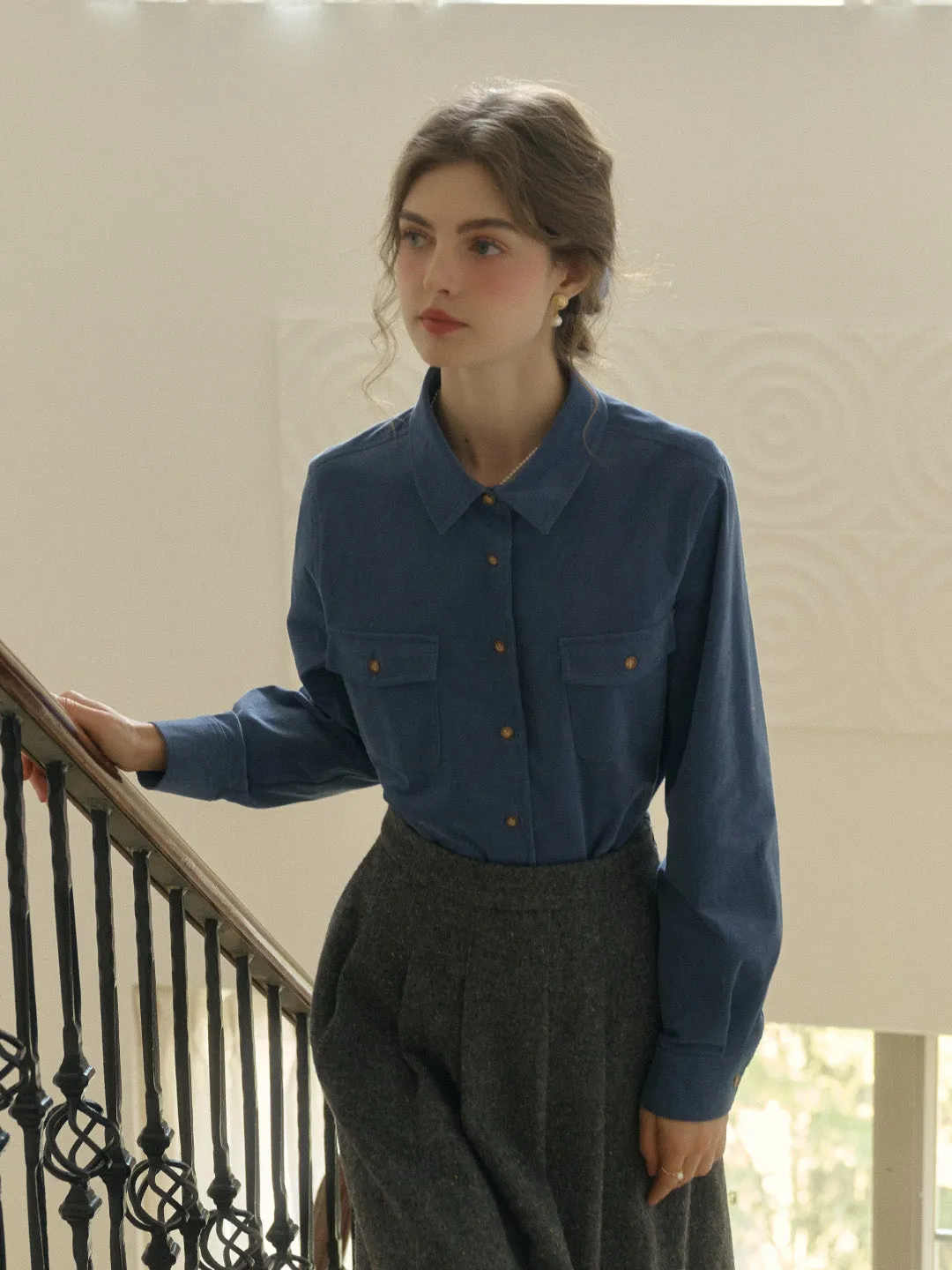 Lisa Classic Notched Collar Pocket Corduroy Shirt - Blue