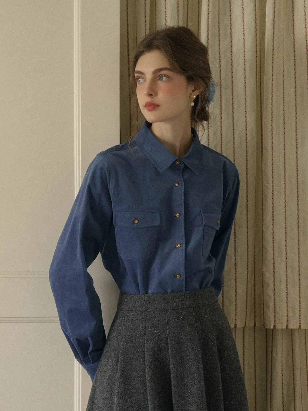 Lisa Classic Notched Collar Pocket Corduroy Shirt - Blue