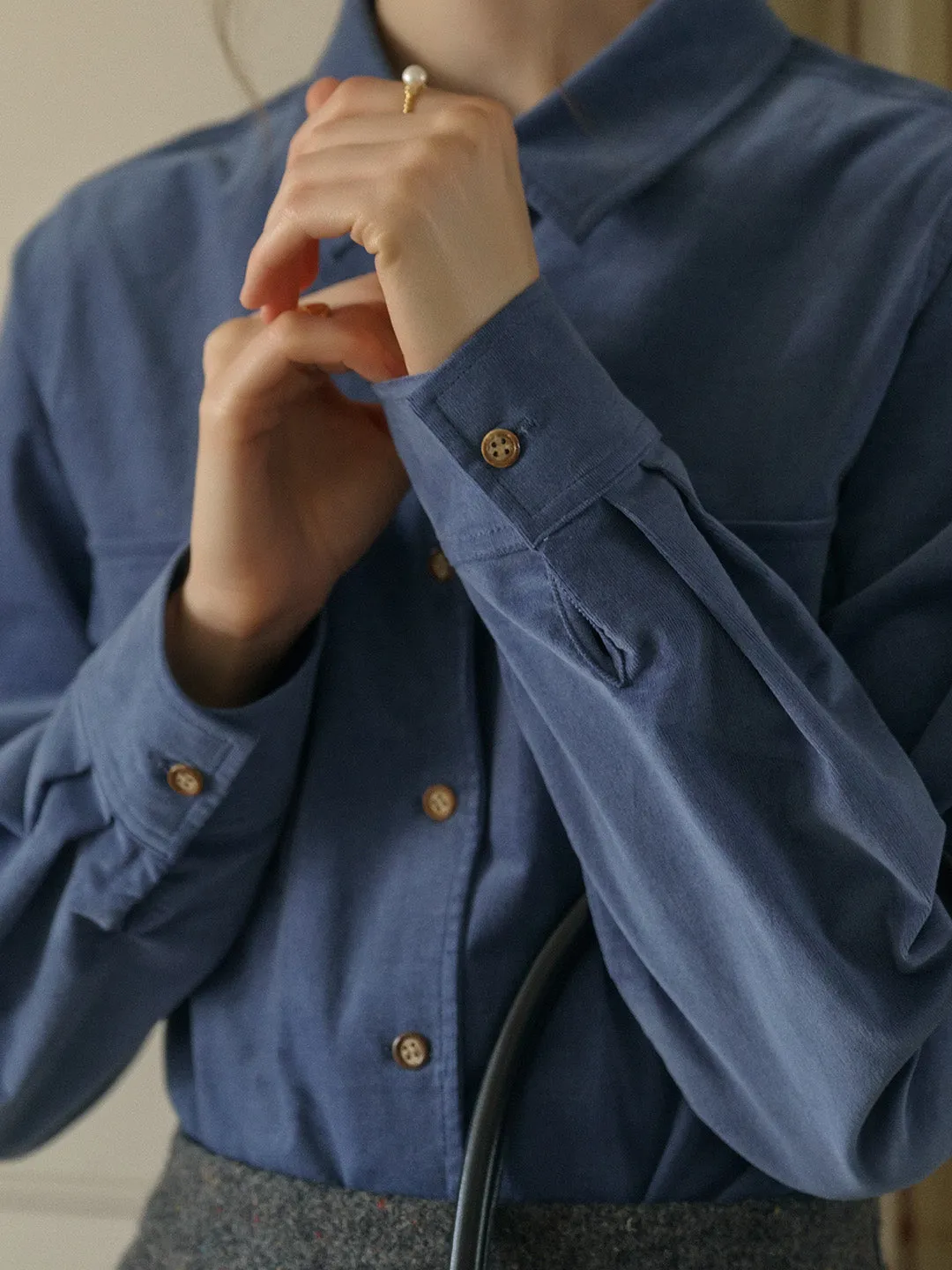 Lisa Classic Notched Collar Pocket Corduroy Shirt - Blue