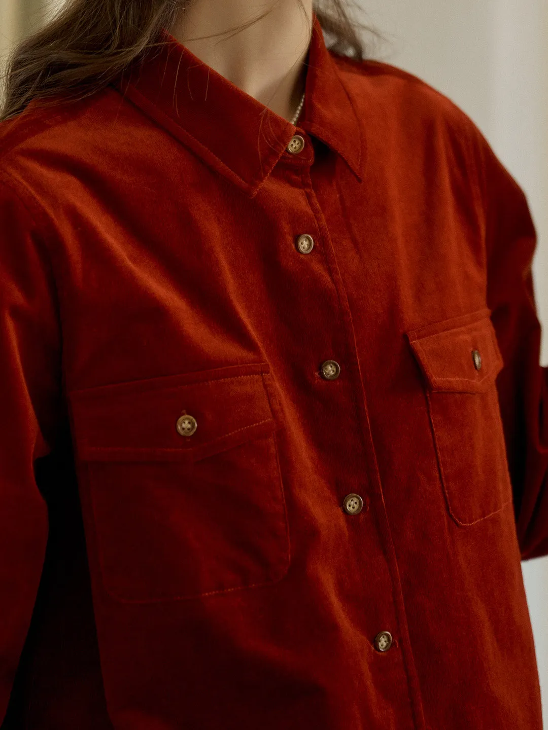 Lisa Classic Notched Collar Pocket Corduroy Shirt - Blue