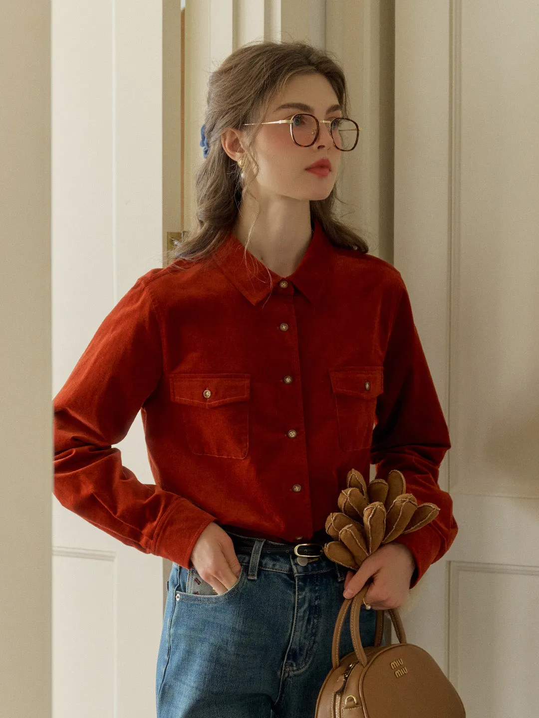 Lisa Classic Notched Collar Pocket Corduroy Shirt - Blue