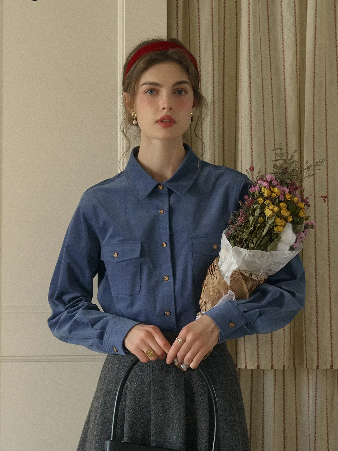 Lisa Classic Notched Collar Pocket Corduroy Shirt - Blue