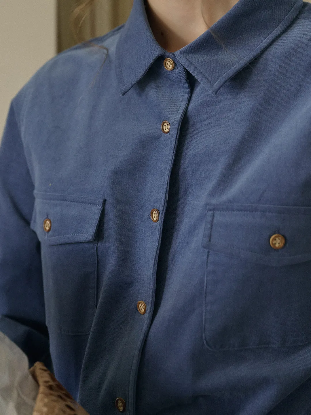 Lisa Classic Notched Collar Pocket Corduroy Shirt - Blue