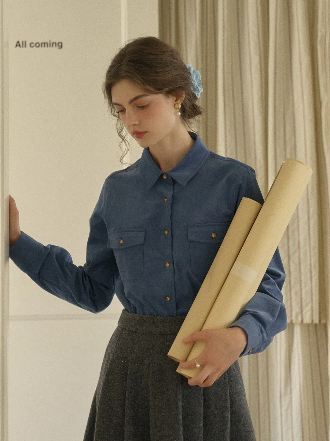 Lisa Classic Notched Collar Pocket Corduroy Shirt - Blue
