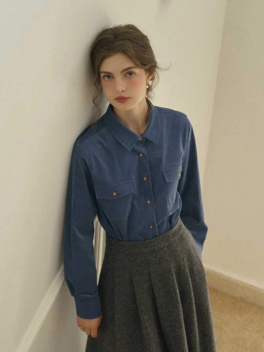 Lisa Classic Notched Collar Pocket Corduroy Shirt - Blue