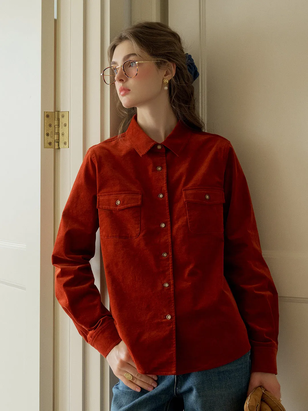 Lisa Classic Notched Collar Pocket Corduroy Shirt - Blue