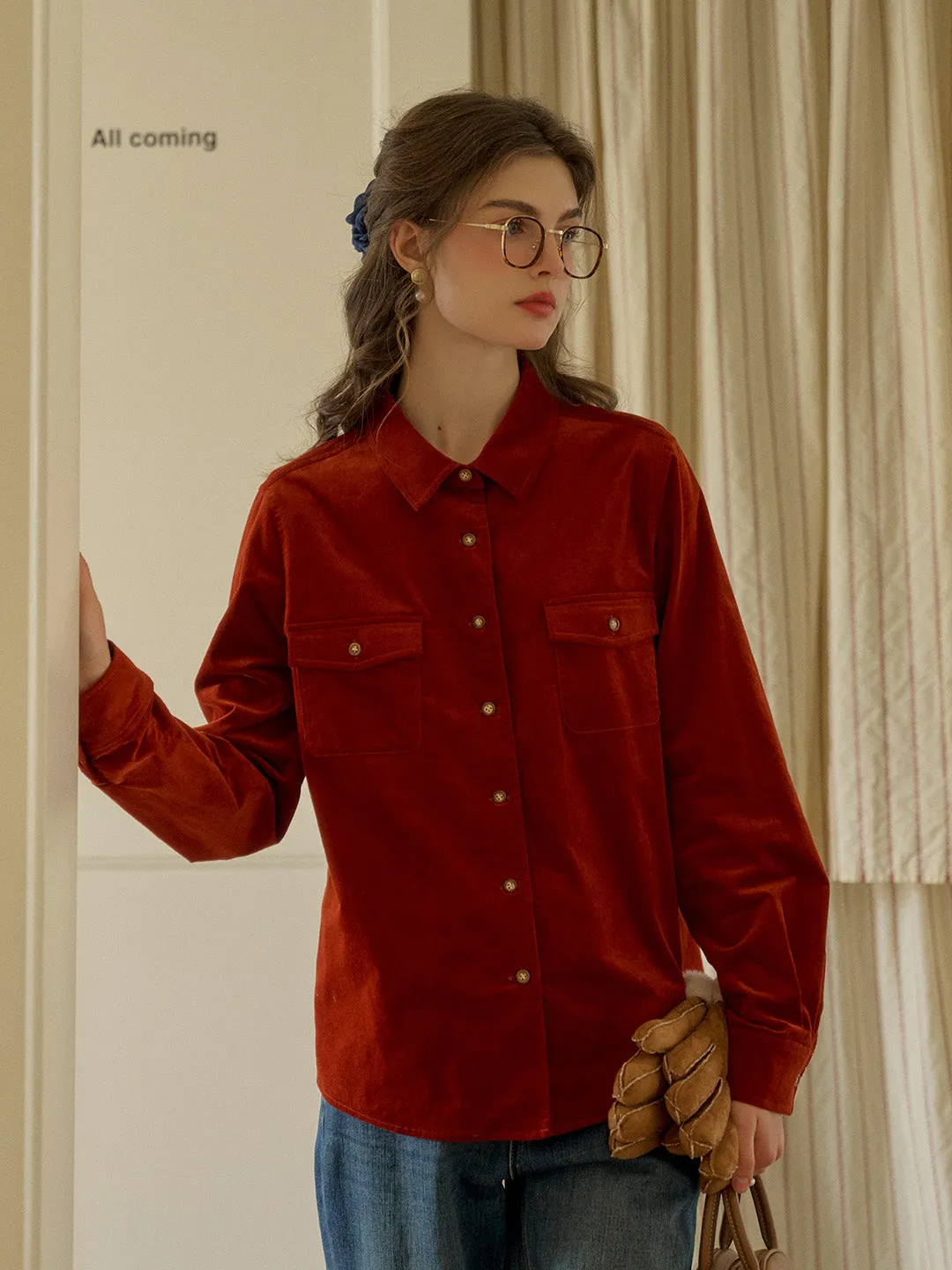 Lisa Classic Notched Collar Pocket Corduroy Shirt - Blue