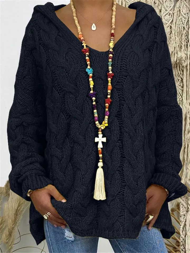 Loose Comfy Cable Knit Pullover Hooded Sweater for Women