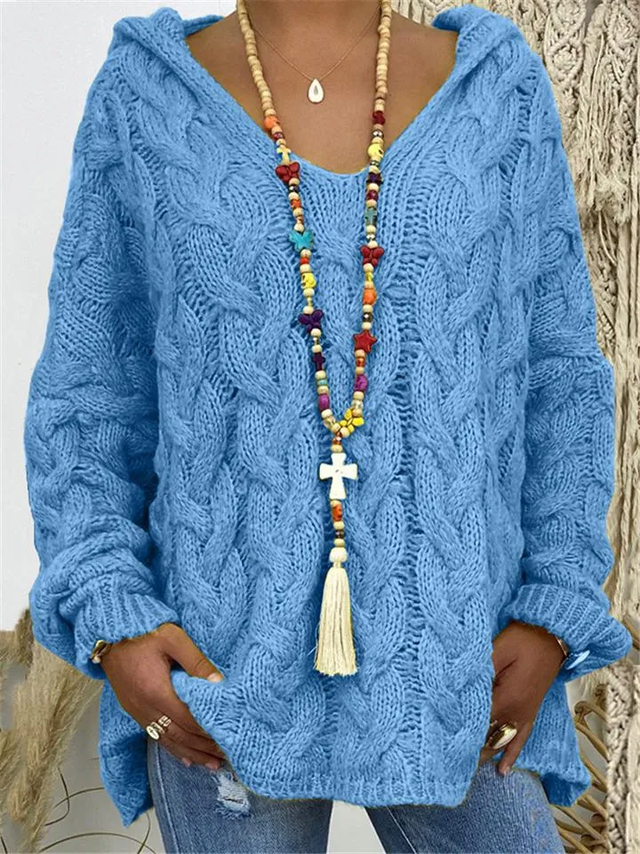 Loose Comfy Cable Knit Pullover Hooded Sweater for Women