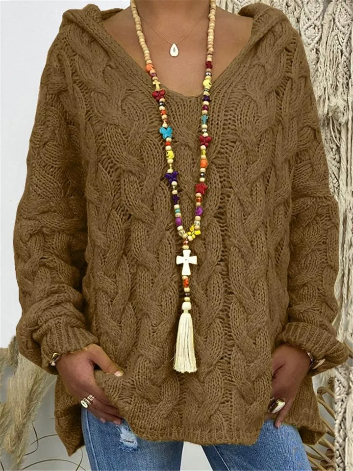 Loose Comfy Cable Knit Pullover Hooded Sweater for Women