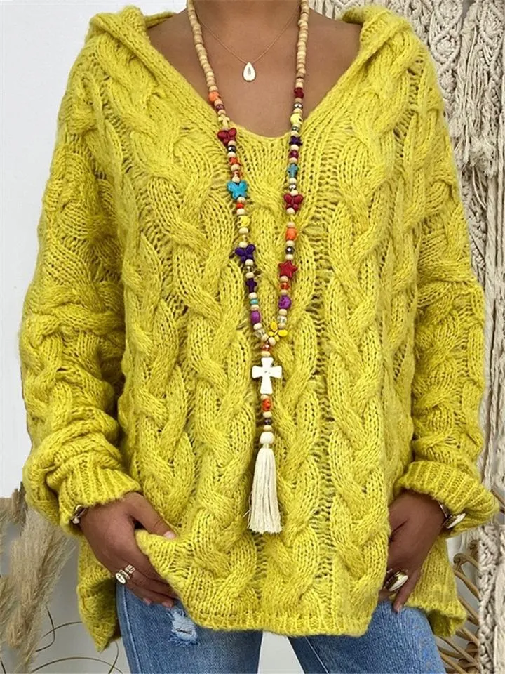 Loose Comfy Cable Knit Pullover Hooded Sweater for Women