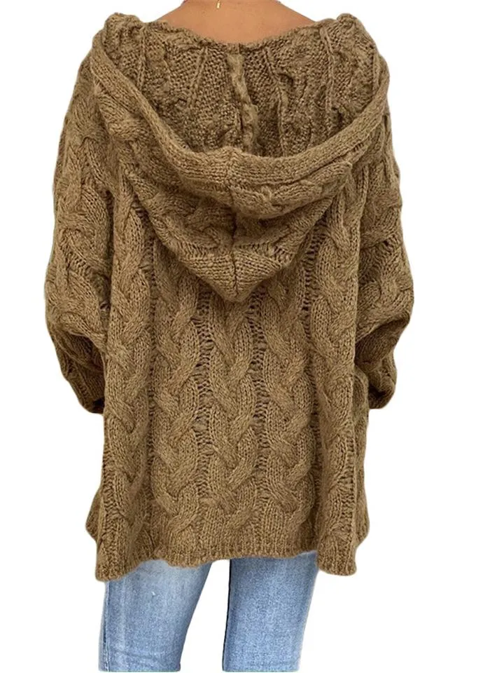 Loose Comfy Cable Knit Pullover Hooded Sweater for Women