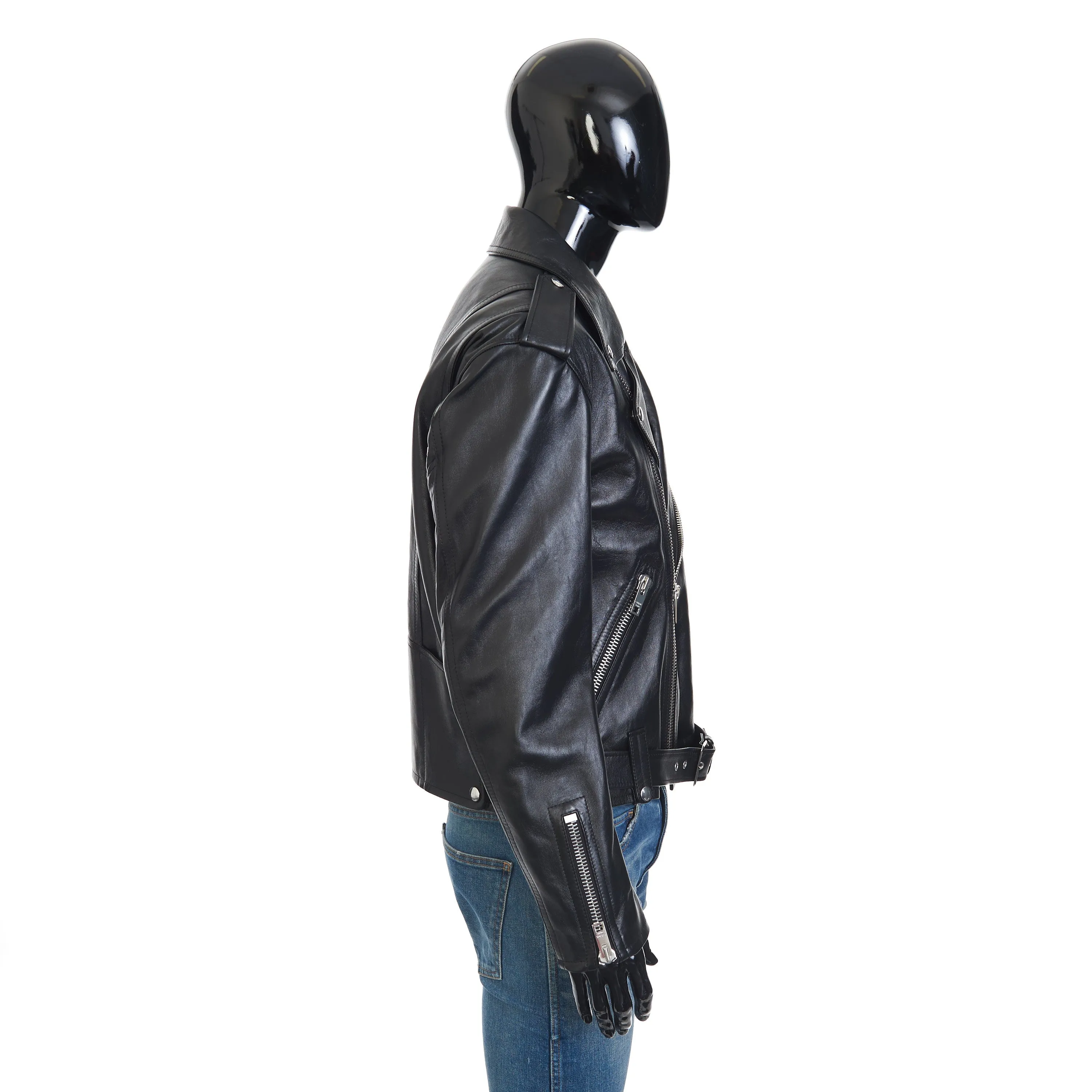 Loose Fit Biker Jacket In Black Soft Lambskin Leather