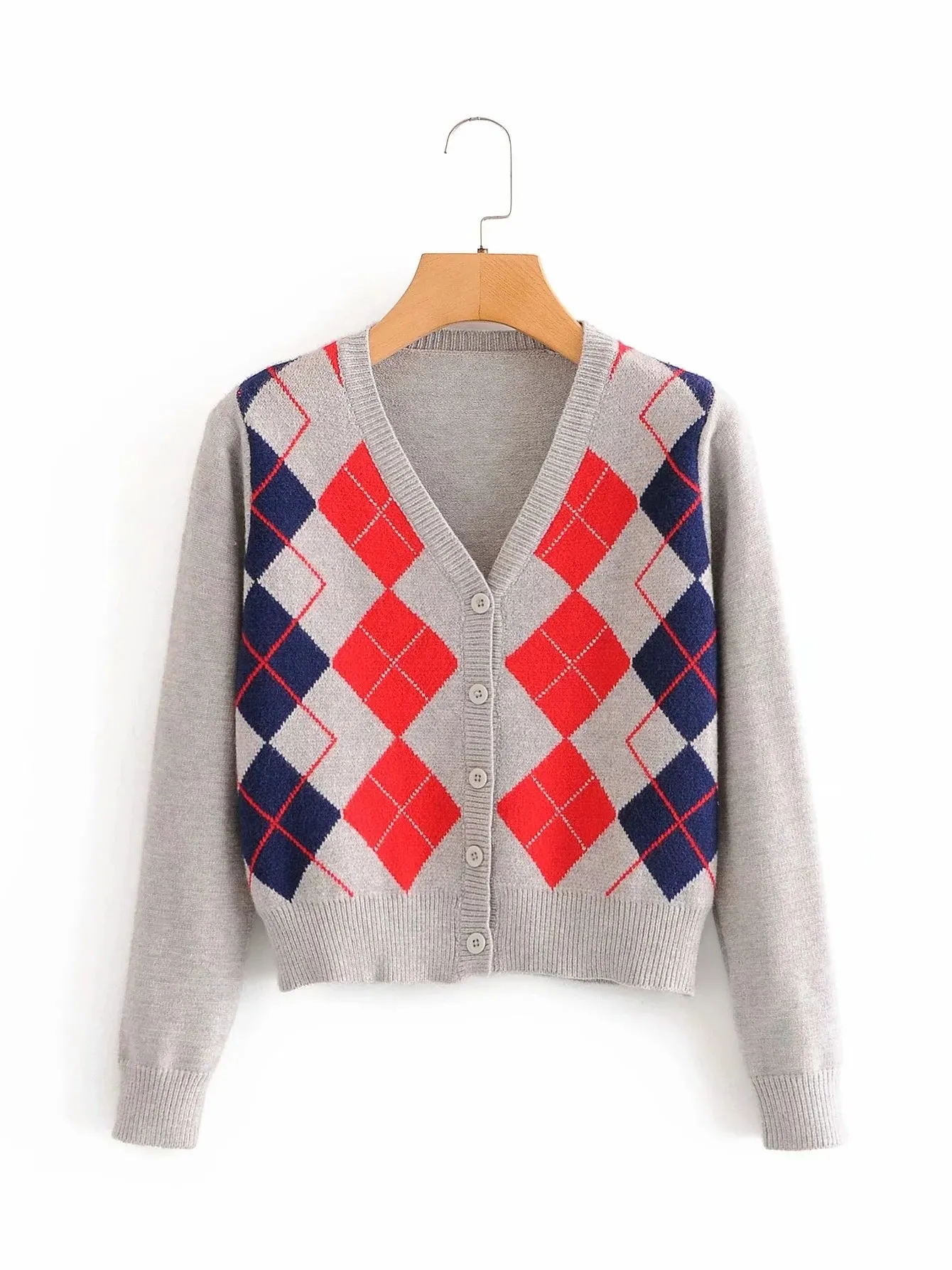 Lozenge Single-breasted Knitting Cardigan Sweaters